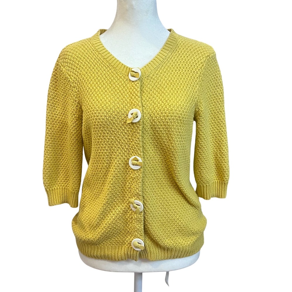 Boden Yellow Textured Knit 3/4 Sleeve Button Front Cardigan Sweater UK 10